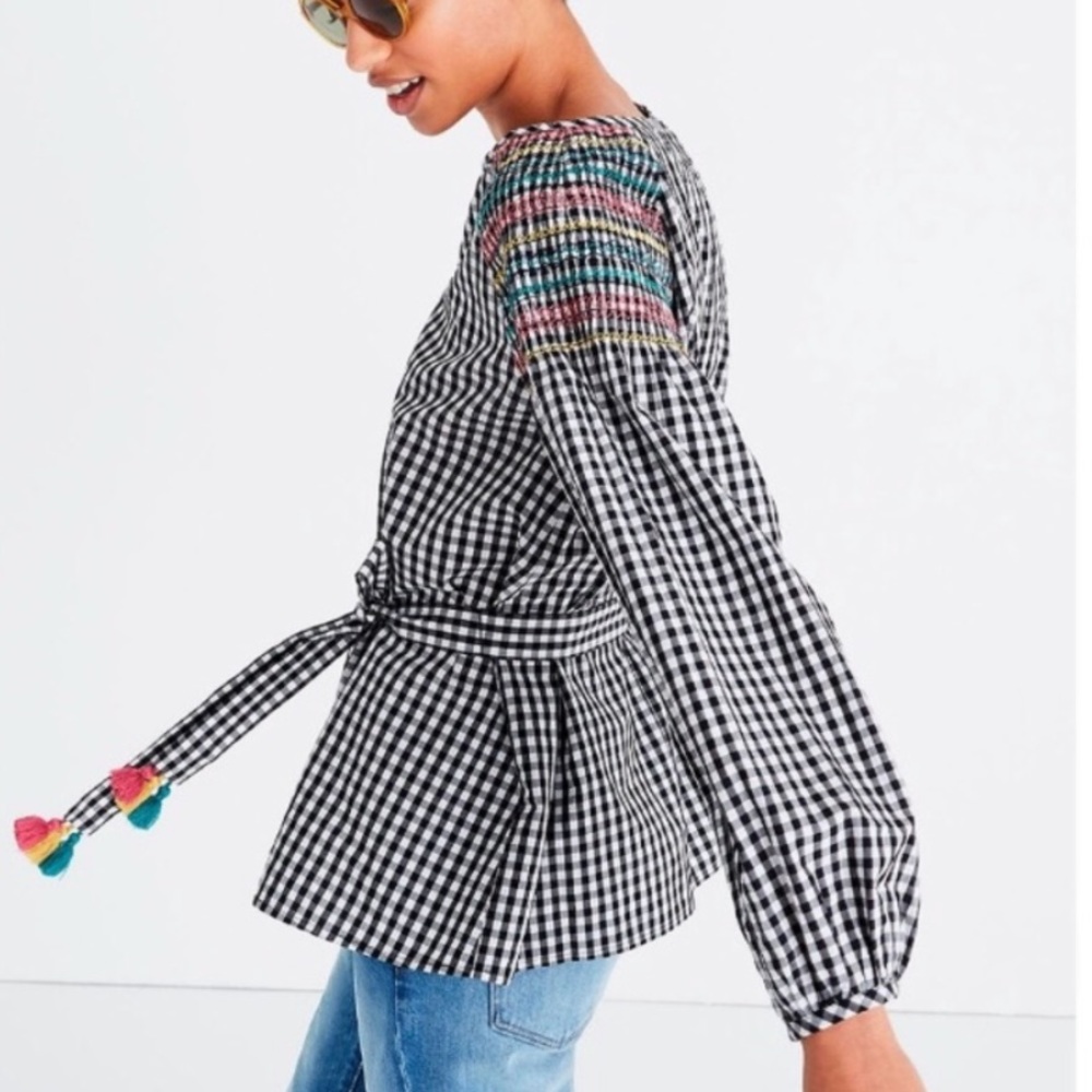 Madewell Smocked Gingham Tassel Belt Blouse XXS